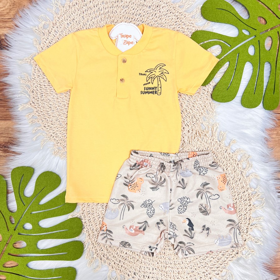  Conj. Camiseta Sunny Summer e Bermuda Animais - Amarelo e Areia